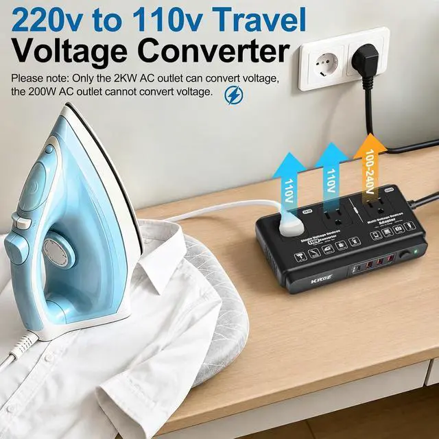 Alt view image 2 of 7 - 220v to 110v Black Voltage Converter Adapter: International US to Europe Travel Power Strip Plug Transformer - 2000W Electric Hair Dryer Black Step Down Outlet Converters for US European EU Italy UK