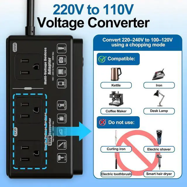 Alt view image 3 of 7 - 220v to 110v Black Voltage Converter Adapter: International US to Europe Travel Power Strip Plug Transformer - 2000W Electric Hair Dryer Black Step Down Outlet Converters for US European EU Italy UK