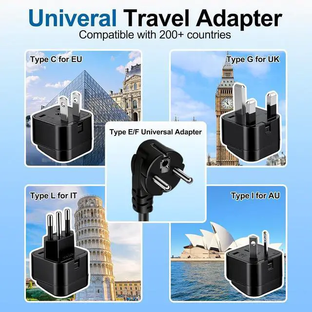 Alt view image 5 of 7 - 220v to 110v Black Voltage Converter Adapter: International US to Europe Travel Power Strip Plug Transformer - 2000W Electric Hair Dryer Black Step Down Outlet Converters for US European EU Italy UK