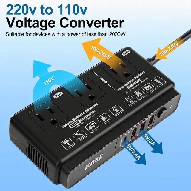 Alt view image 7 of 7 - 220v to 110v Black Voltage Converter Adapter: International US to Europe Travel Power Strip Plug Transformer - 2000W Electric Hair Dryer Black Step Down Outlet Converters for US European EU Italy UK