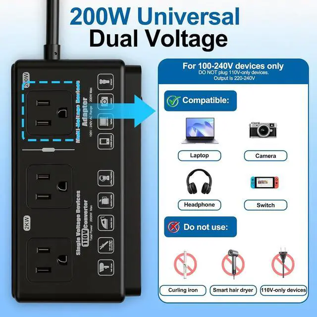 Alt view image 4 of 7 - 220v to 110v Black Voltage Converter Adapter: International US to Europe Travel Power Strip Plug Transformer - 2000W Electric Hair Dryer Black Step Down Outlet Converters for US European EU Italy UK