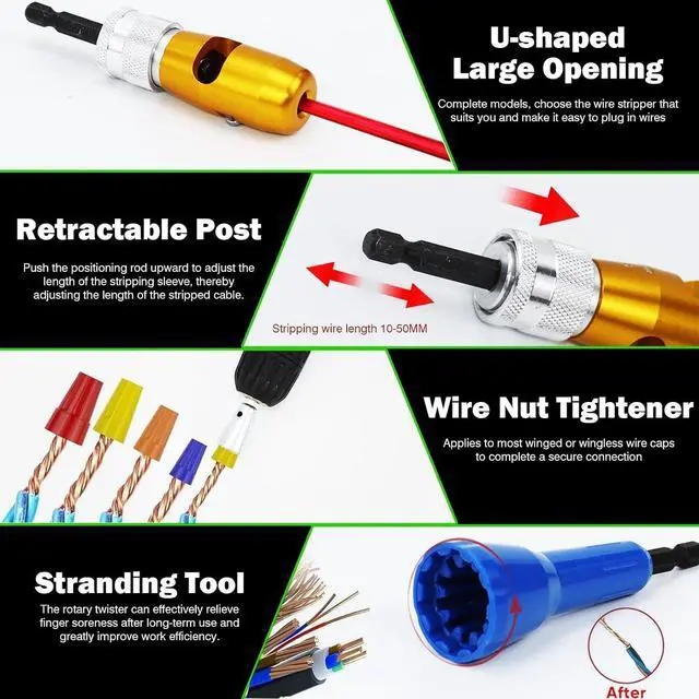 Alt view image 4 of 7 - Regulations Wire Stripping for Drill, Wire Stripping Tool & Wire Twisting Connector Set, Wire Twister Tool for Drill, 8 in 1 Quickly Drill Wire Stripping Professional Electrician Tools Set