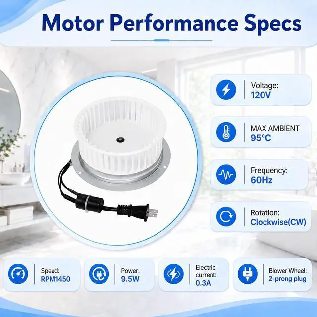 Alt view image 3 of 6 - Upgraded 0696B000 Motor Assembly Compatible with NuTone QT-110N-B, QT-100L, QT-110N, QT-110-B,QT9093, QT-90N-B Bathroom Fan Motor & Blower Wheel,Replacement for QT100/QT110 Series, 100 CFM