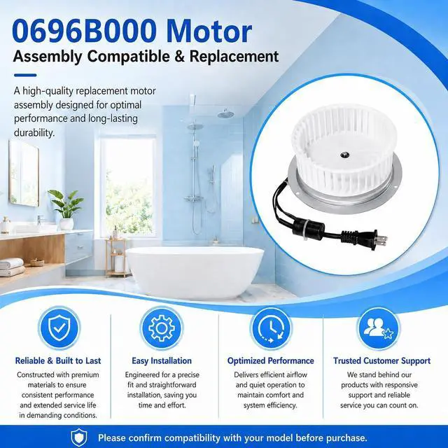 Alt view image 6 of 6 - Upgraded 0696B000 Motor Assembly Compatible with NuTone QT-110N-B, QT-100L, QT-110N, QT-110-B,QT9093, QT-90N-B Bathroom Fan Motor & Blower Wheel,Replacement for QT100/QT110 Series, 100 CFM