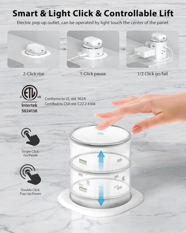 Alt view image 2 of 7 - Motorized Pop Up Outlet,2 PD 45W USB C Charging Station, 3.15 in Hole Desktop Power Grommet Electrical Outlets Insert in 4AC 4 USB Ports 15W Wireless Charger for Kitchen Countertop