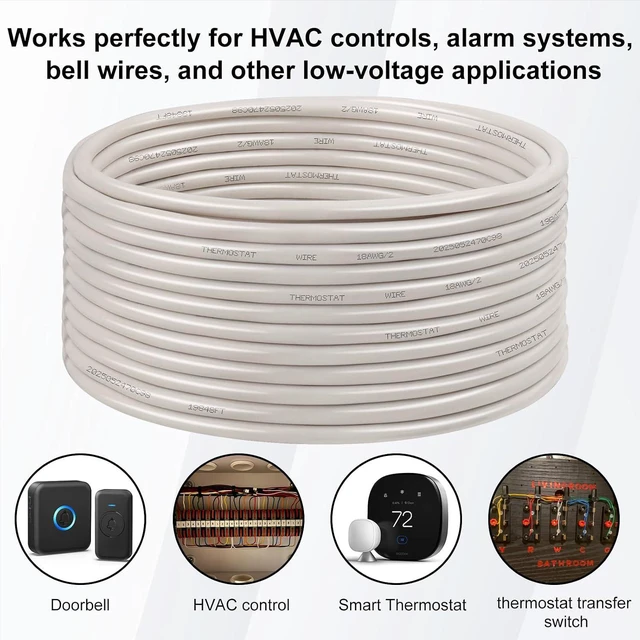 Alt view image 5 of 5 - XRDS -RF 18AWG 2 Conductor Thermostat Wire 100FT, Solid Copper, 18 Gauge 2 Wire for Thermostat, HVAC, Heating and Cooling, White Jacket (20FT / 25FT / 30FT / 50FT / 75FT / 100FT)
