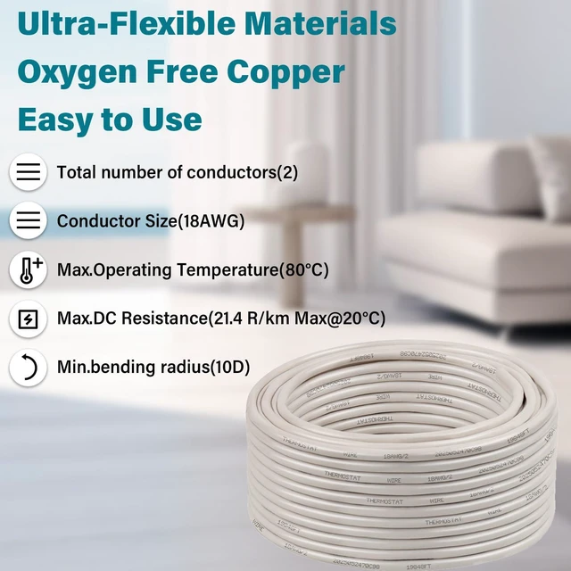 Alt view image 4 of 5 - XRDS -RF 18AWG 2 Conductor Thermostat Wire 100FT, Solid Copper, 18 Gauge 2 Wire for Thermostat, HVAC, Heating and Cooling, White Jacket (20FT / 25FT / 30FT / 50FT / 75FT / 100FT)