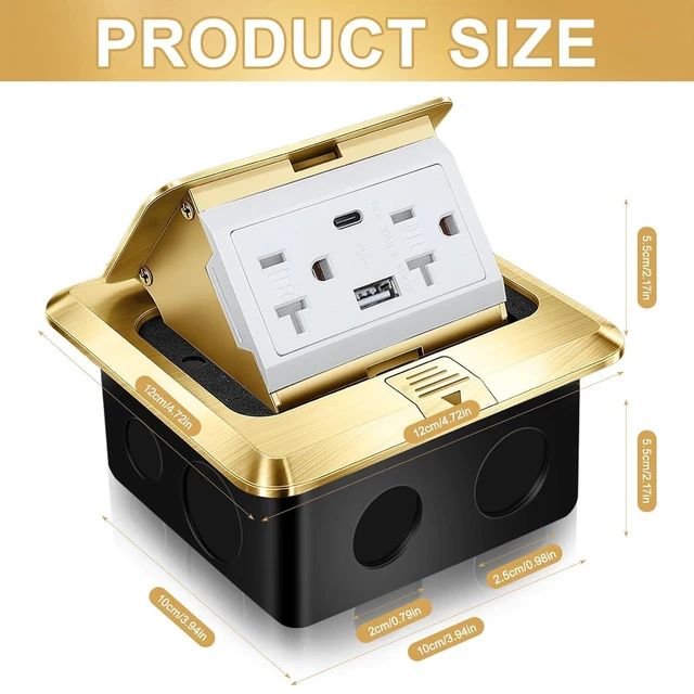Alt view image 2 of 7 - 2 Pack Pop up Floor Outlet Floor Kit Waterproof Electrical Outlet Cover Box with 4.8A USB A & Type C Charge and 20 Amp Tamper Resistant Socket Receptacle for Countertop Office Home (Gold)
