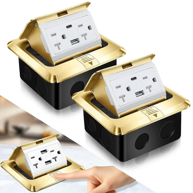 Main image of 2 Pack Pop up Floor Outlet Floor Kit Waterproof Electrical Outlet Cover Box with 4.8A USB A & Type C Charge and 20 Amp Tamper Resistant Socket Receptacle for Countertop Office Home (Gold)