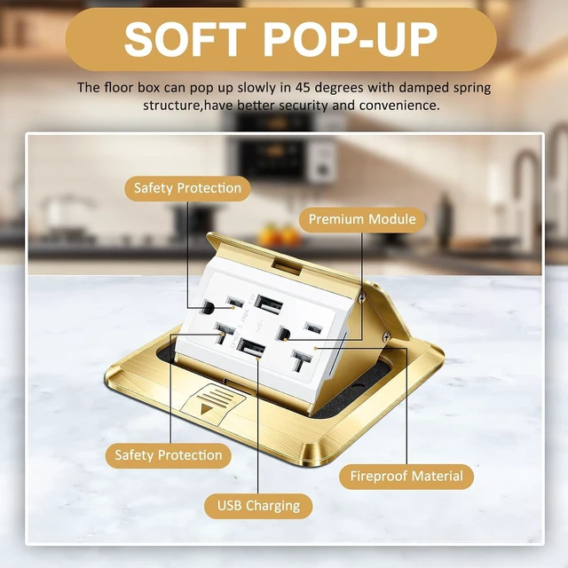 Alt view image 3 of 7 - 2 Pack Pop up Floor Outlet Floor Kit Waterproof Electrical Outlet Cover Box with 4.8A USB A & Type C Charge and 20 Amp Tamper Resistant Socket Receptacle for Countertop Office Home (Gold)