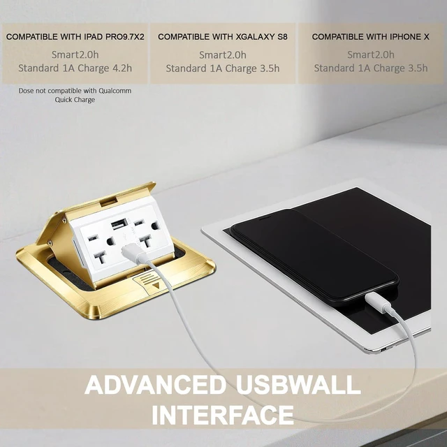 Alt view image 6 of 7 - 2 Pack Pop up Floor Outlet Floor Kit Waterproof Electrical Outlet Cover Box with 4.8A USB A & Type C Charge and 20 Amp Tamper Resistant Socket Receptacle for Countertop Office Home (Gold)