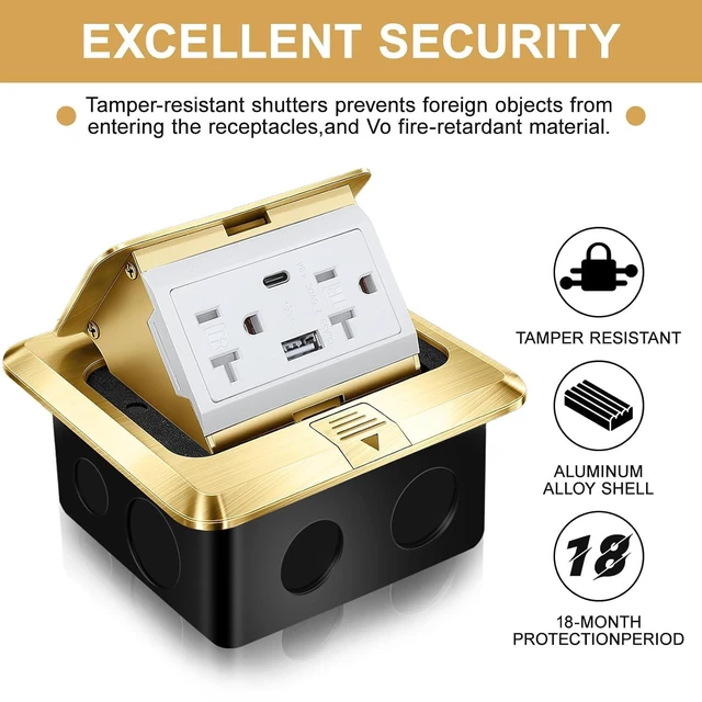 Alt view image 5 of 7 - 2 Pack Pop up Floor Outlet Floor Kit Waterproof Electrical Outlet Cover Box with 4.8A USB A & Type C Charge and 20 Amp Tamper Resistant Socket Receptacle for Countertop Office Home (Gold)