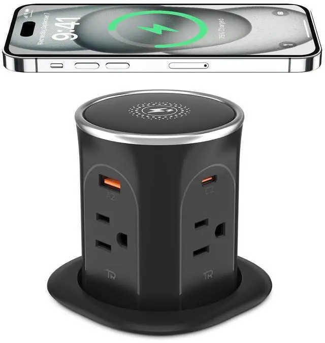 Main image of 3.15in Pop Up Countertop Outlet with 15W Wireless Charger, Max 20W USB Power Delivery 15A Tamper Resistant, Desktop Mount Electrical Receptacle with 4 Outlets & 4 USB for Home Office