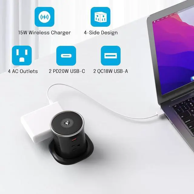 Alt view image 3 of 7 - 3.15in Pop Up Countertop Outlet with 15W Wireless Charger, Max 20W USB Power Delivery 15A Tamper Resistant, Desktop Mount Electrical Receptacle with 4 Outlets & 4 USB for Home Office