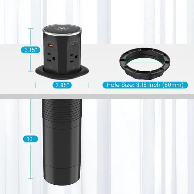 Alt view image 7 of 7 - 3.15in Pop Up Countertop Outlet with 15W Wireless Charger, Max 20W USB Power Delivery 15A Tamper Resistant, Desktop Mount Electrical Receptacle with 4 Outlets & 4 USB for Home Office