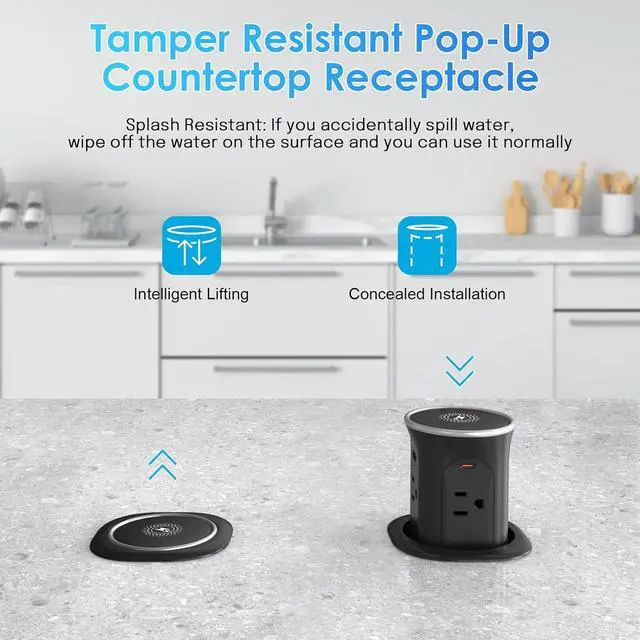 Alt view image 6 of 7 - 3.15in Pop Up Countertop Outlet with 15W Wireless Charger, Max 20W USB Power Delivery 15A Tamper Resistant, Desktop Mount Electrical Receptacle with 4 Outlets & 4 USB for Home Office