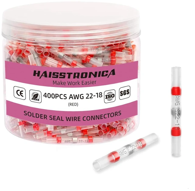 Main image of haisstronica 400PCS Solder Seal Wire Connectors,Heat Shrink Butt Connectors, Insulate Waterproof Wire Connectors for Watercraft,Electrical,Electronics 22-18 Red