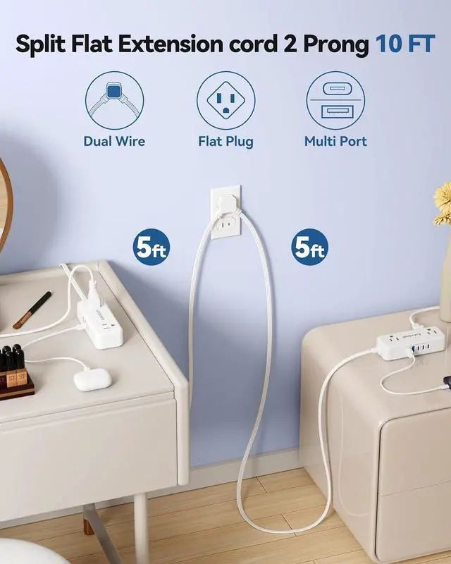Alt view image 2 of 7 - 2 Prong Split Extension Cord 10FT (5FT on Each Side), Single Flat Plug Twin Extension Cord with 4 AC Outlets, 2 USB-A & 3 USB-C(24W/4.8A), for Polarized Two Prong Outlet, Old House, White