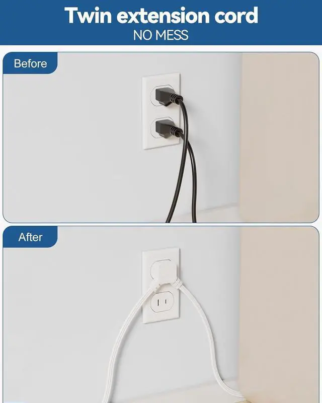 Alt view image 3 of 7 - 2 Prong Split Extension Cord 10FT (5FT on Each Side), Single Flat Plug Twin Extension Cord with 4 AC Outlets, 2 USB-A & 3 USB-C(24W/4.8A), for Polarized Two Prong Outlet, Old House, White