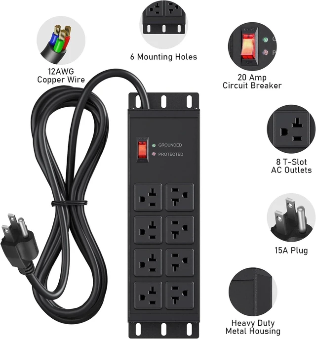 Alt view image 2 of 7 - JUNNUJ Heavy Duty Surge Protector Power Strip 4800J, Garage Metal 8 Outlets 20 Amp 12 Gauge, High Amp 5-15P Adapter Shop 6-20R T-Slot Industrial Outlet, 6 FT Extension Cord Commercial for Appliance