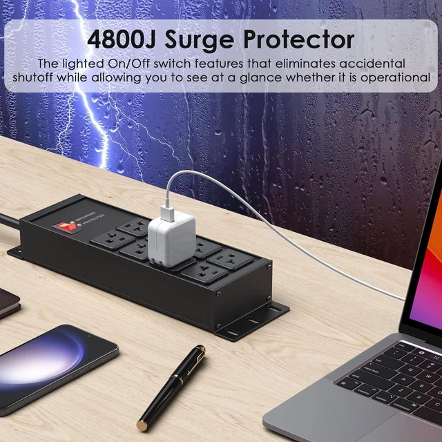 Alt view image 4 of 7 - JUNNUJ Heavy Duty Surge Protector Power Strip 4800J, Garage Metal 8 Outlets 20 Amp 12 Gauge, High Amp 5-15P Adapter Shop 6-20R T-Slot Industrial Outlet, 6 FT Extension Cord Commercial for Appliance