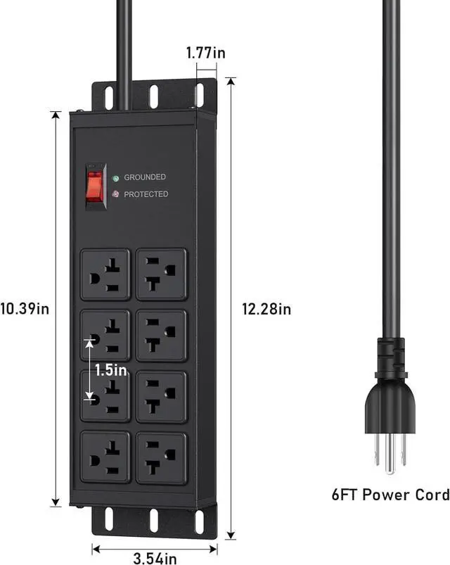 Alt view image 7 of 7 - JUNNUJ Heavy Duty Surge Protector Power Strip 4800J, Garage Metal 8 Outlets 20 Amp 12 Gauge, High Amp 5-15P Adapter Shop 6-20R T-Slot Industrial Outlet, 6 FT Extension Cord Commercial for Appliance