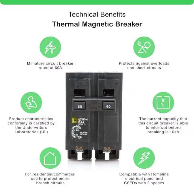 Alt view image 3 of 7 - Genuine Square D HOM260 Circuit Breaker Kit Bundle (1 Pack), 60 Amp (60A) Double Pole, 120/240V, 10kAIC, UL Listed, Plug-On for Homeline Load Centers & Panel Box, New Replacement