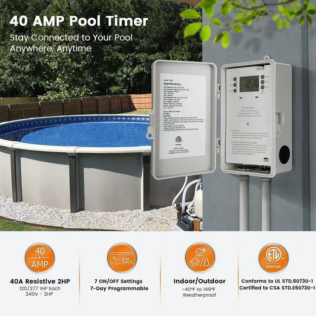 Alt view image 2 of 7 - SURAIELEC Pool Timer, 7-Day Digital Pool Pump Timer Switch, 120, 240, 277 VAC, Heavy Duty 40 AMP, 2HP, 24 Hour Programmable, Outdoor Indoor Swimming Pool Timer Box for Pump, Hot Water Heater, Lights