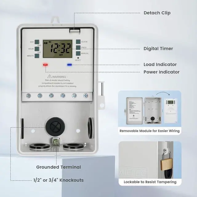 Alt view image 6 of 7 - SURAIELEC Pool Timer, 7-Day Digital Pool Pump Timer Switch, 120, 240, 277 VAC, Heavy Duty 40 AMP, 2HP, 24 Hour Programmable, Outdoor Indoor Swimming Pool Timer Box for Pump, Hot Water Heater, Lights