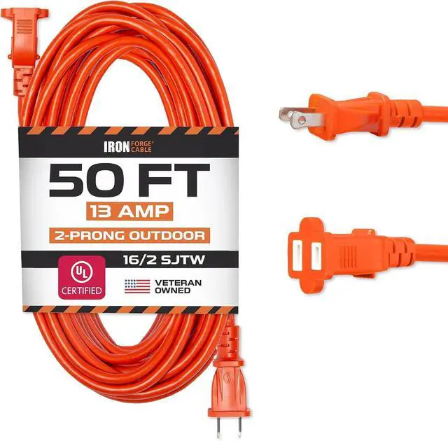 Main image of Iron Forge Cable 50 ft Outdoor Extension Cord 2 Prong, 16/2 SJTW Weatherproof Extension Cord Orange 50 Foot, Durable Power Cable for Outdoor Lights, Lawnmower & Home Office - ETL Certified