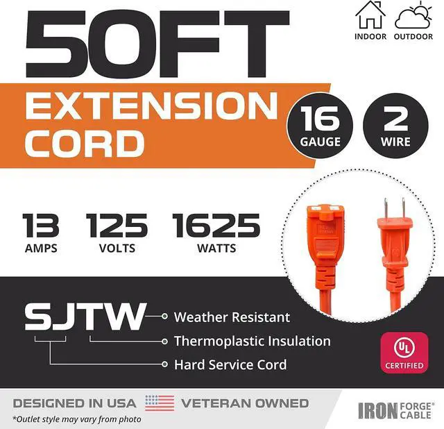 Alt view image 2 of 7 - Iron Forge Cable 50 ft Outdoor Extension Cord 2 Prong, 16/2 SJTW Weatherproof Extension Cord Orange 50 Foot, Durable Power Cable for Outdoor Lights, Lawnmower & Home Office - ETL Certified