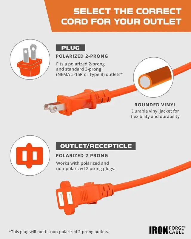 Alt view image 4 of 7 - Iron Forge Cable 50 ft Outdoor Extension Cord 2 Prong, 16/2 SJTW Weatherproof Extension Cord Orange 50 Foot, Durable Power Cable for Outdoor Lights, Lawnmower & Home Office - ETL Certified