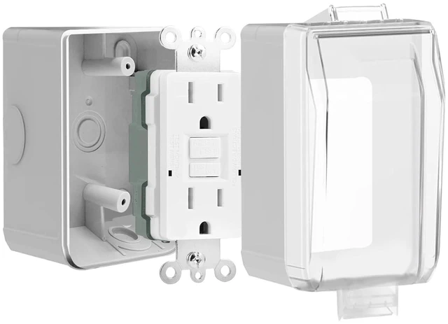 Main image of 15 Amp GFCI Outdoor Electrical Outlet Box, Nonmetallic Heavy Duty Box IP66 Waterproof and NEMA 5-15 Self Test GFCI Outlet Kit, 3.15 Inch Deep, Lockable, Clear/Gray, UL Listed