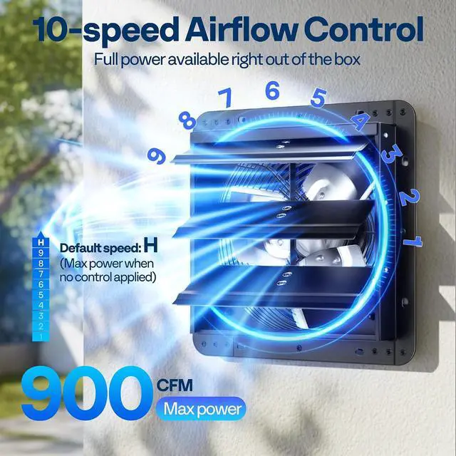 Alt view image 3 of 7 - VIVOHOME 10" Shutter Exhaust Fan with EC Motor 900 CFM, Variable Speed, Timer, Wall-Mounted for Attic, Garage, Greenhouse, Chicken Coop, Barn Ventilation