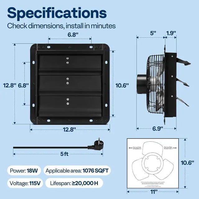 Alt view image 7 of 7 - VIVOHOME 10" Shutter Exhaust Fan with EC Motor 900 CFM, Variable Speed, Timer, Wall-Mounted for Attic, Garage, Greenhouse, Chicken Coop, Barn Ventilation