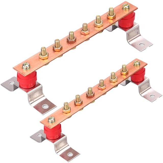 Main image of Copper Ground Bar Kit 2PCS 0.12"*1.18"*9.84" Insulators Wall Surface Mount Grounding Busbar Bar with Terminal Positions BusBar Insulator Posts