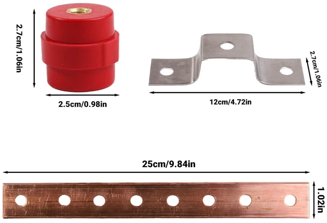 Alt view image 2 of 7 - Copper Ground Bar Kit 2PCS 0.12"*1.18"*9.84" Insulators Wall Surface Mount Grounding Busbar Bar with Terminal Positions BusBar Insulator Posts