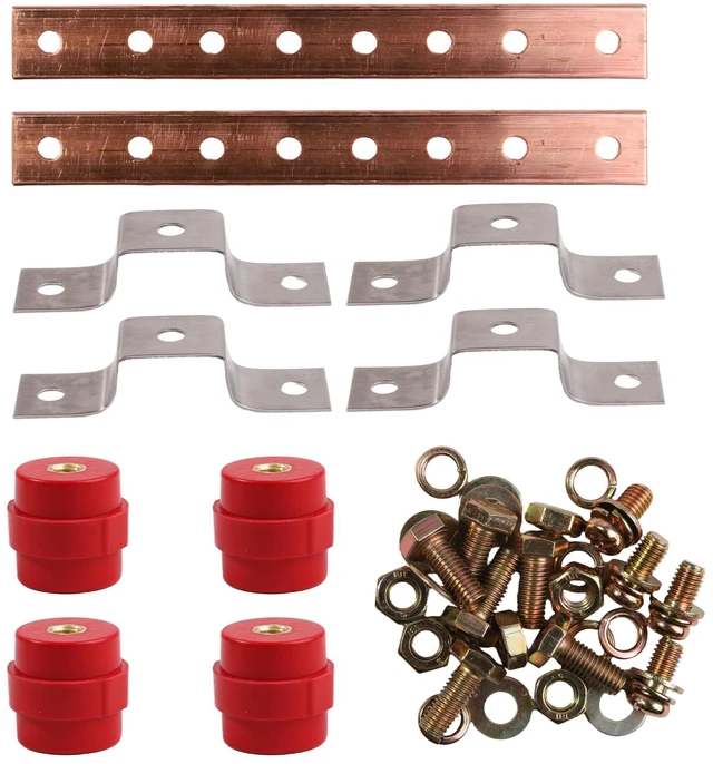 Alt view image 3 of 7 - Copper Ground Bar Kit 2PCS 0.12"*1.18"*9.84" Insulators Wall Surface Mount Grounding Busbar Bar with Terminal Positions BusBar Insulator Posts