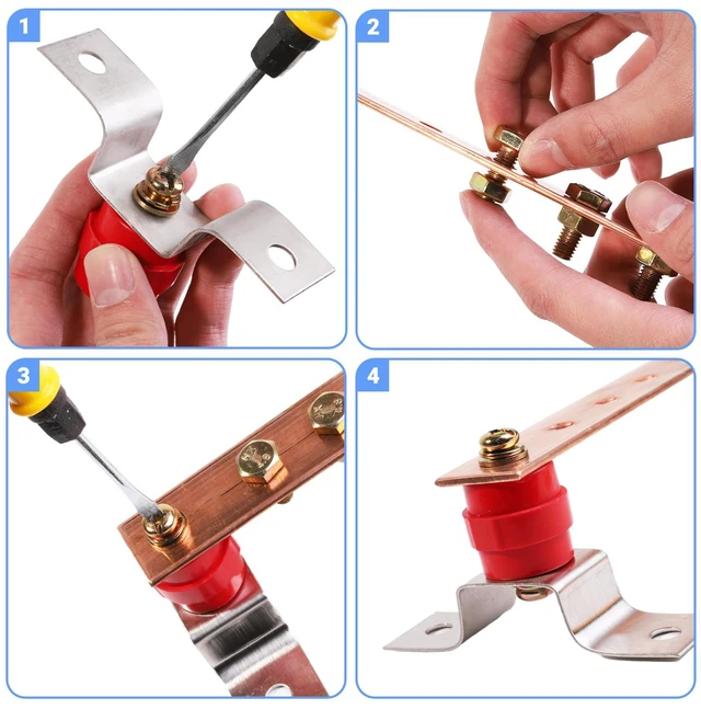 Alt view image 4 of 7 - Copper Ground Bar Kit 2PCS 0.12"*1.18"*9.84" Insulators Wall Surface Mount Grounding Busbar Bar with Terminal Positions BusBar Insulator Posts