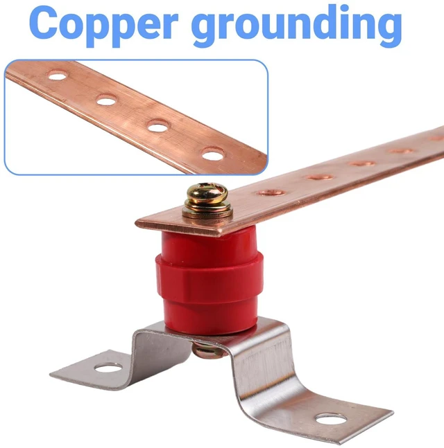 Alt view image 5 of 7 - Copper Ground Bar Kit 2PCS 0.12"*1.18"*9.84" Insulators Wall Surface Mount Grounding Busbar Bar with Terminal Positions BusBar Insulator Posts