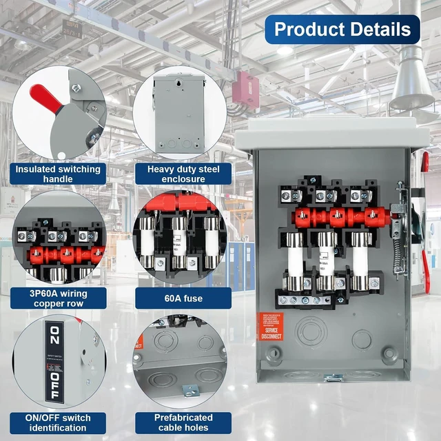 Alt view image 3 of 6 - 3P 60Amp 110/240V 3 Wire Fusible Heavy Duty Safety SwitchesAc Disconnect Switches BoxQuick Disconnect Safety SwitchEquipped with Fuses