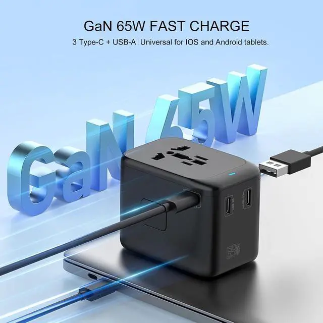 Alt view image 2 of 7 - Universal Travel Adapter, HICITY All in One European GaN Travel Plug Adapter, PD 65W Quick Charging, 3 Type C & 1 USB International Travel Adapter, Worldwide AC Outlet for US EU UK AUS
