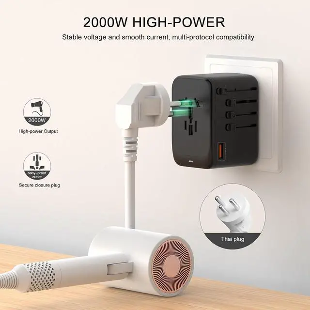 Alt view image 3 of 7 - Universal Travel Adapter, HICITY All in One European GaN Travel Plug Adapter, PD 65W Quick Charging, 3 Type C & 1 USB International Travel Adapter, Worldwide AC Outlet for US EU UK AUS
