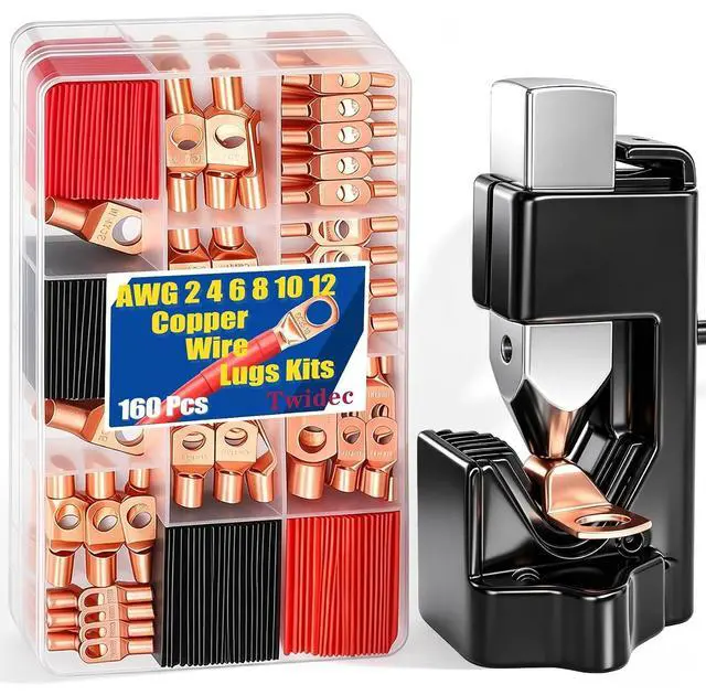 Main image of Twidec/160PCS Battery Cable Ends AWG 2 4 6 8 10 12 Gauge Copper Cable Wire Lugs,Ring Terminals Connectors,Copper Ring Terminals Connectors and Hammer Lug Crimper Tool 8 AWG to 0000 AWG