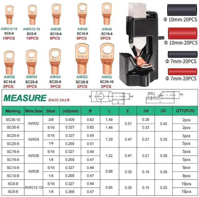 Alt view image 2 of 7 - Twidec/160PCS Battery Cable Ends AWG 2 4 6 8 10 12 Gauge Copper Cable Wire Lugs,Ring Terminals Connectors,Copper Ring Terminals Connectors and Hammer Lug Crimper Tool 8 AWG to 0000 AWG
