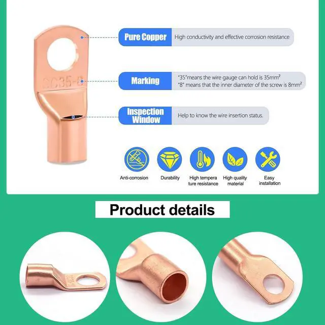 Alt view image 3 of 7 - Twidec/160PCS Battery Cable Ends AWG 2 4 6 8 10 12 Gauge Copper Cable Wire Lugs,Ring Terminals Connectors,Copper Ring Terminals Connectors and Hammer Lug Crimper Tool 8 AWG to 0000 AWG