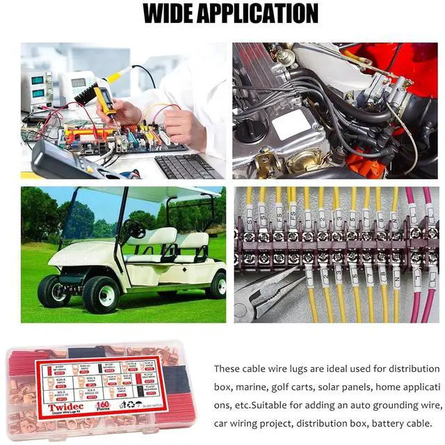 Alt view image 7 of 7 - Twidec/160PCS Battery Cable Ends AWG 2 4 6 8 10 12 Gauge Copper Cable Wire Lugs,Ring Terminals Connectors,Copper Ring Terminals Connectors and Hammer Lug Crimper Tool 8 AWG to 0000 AWG