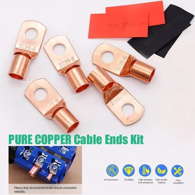 Alt view image 6 of 7 - Twidec/160PCS Battery Cable Ends AWG 2 4 6 8 10 12 Gauge Copper Cable Wire Lugs,Ring Terminals Connectors,Copper Ring Terminals Connectors and Hammer Lug Crimper Tool 8 AWG to 0000 AWG