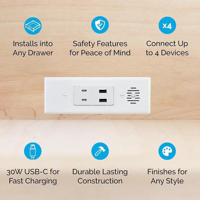 Alt view image 2 of 6 - Docking Drawer Blade In-Drawer Outlet, USB-Only, 2x30W USB-C & 2xUSB-A, Connect 4 Devices, White