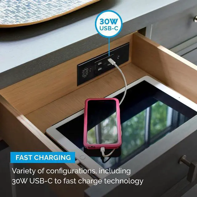 Alt view image 6 of 6 - Docking Drawer Blade In-Drawer Outlet, USB-Only, 2x30W USB-C & 2xUSB-A, Connect 4 Devices, White